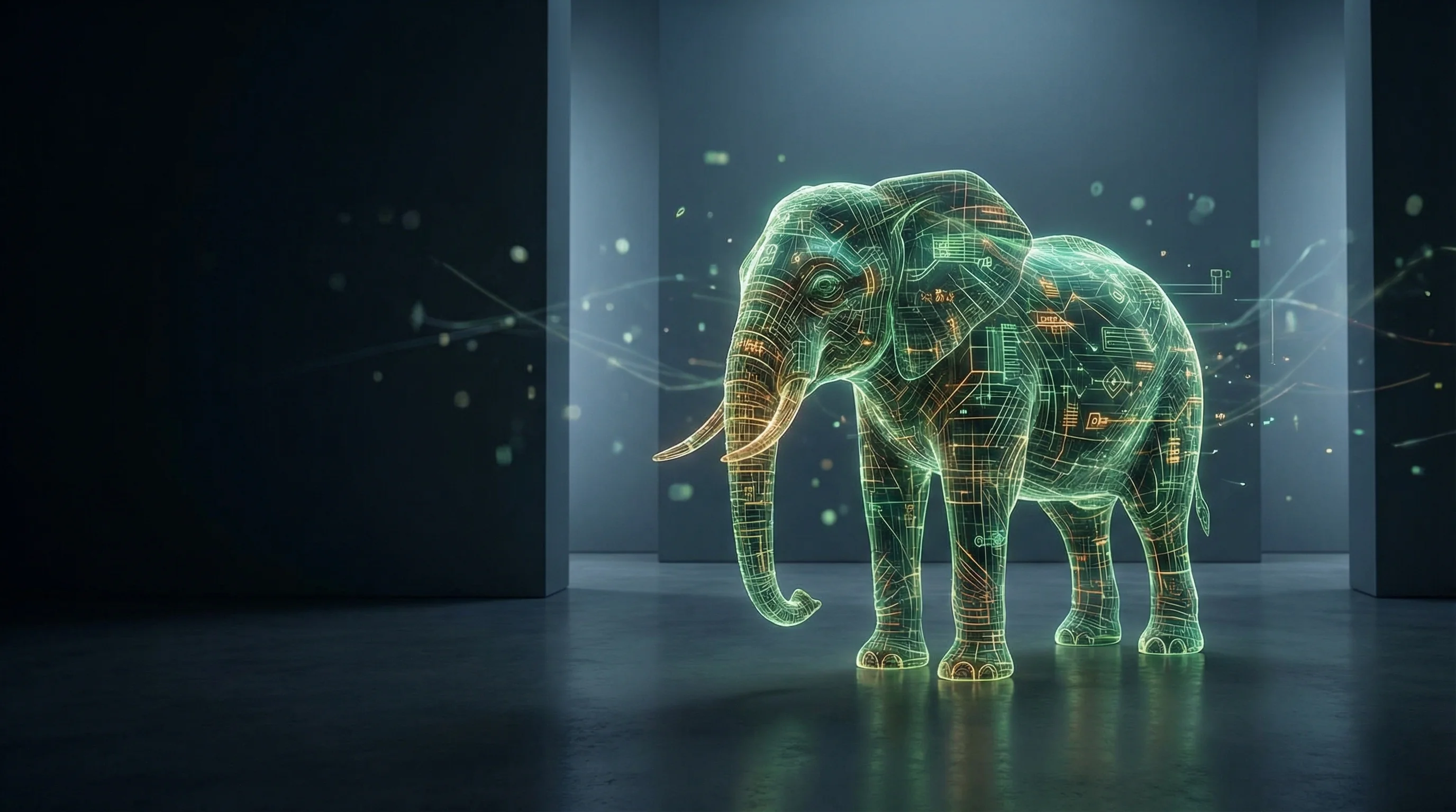A majestic elephant made of glowing green and amber terminal code standing in a dark minimalist room